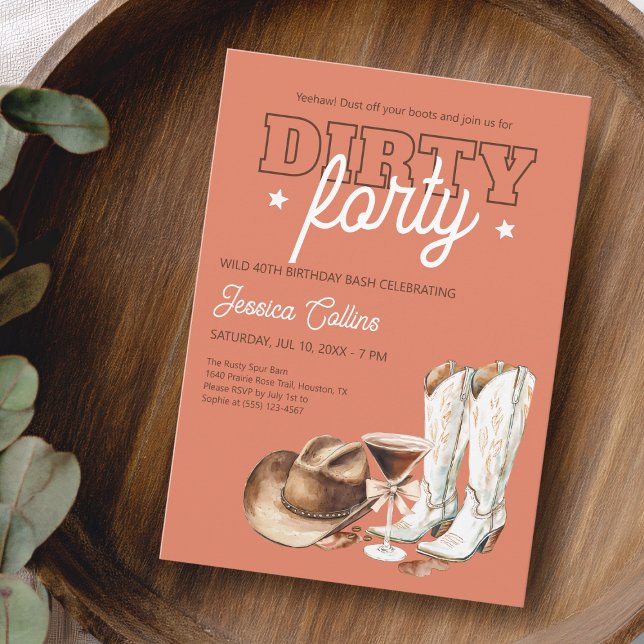 Invitation Dirty Quarty Western Terracotta 40e fête d'anniver (Dirty Forty Western Terracotta 40th Birthday Party Invitation)
