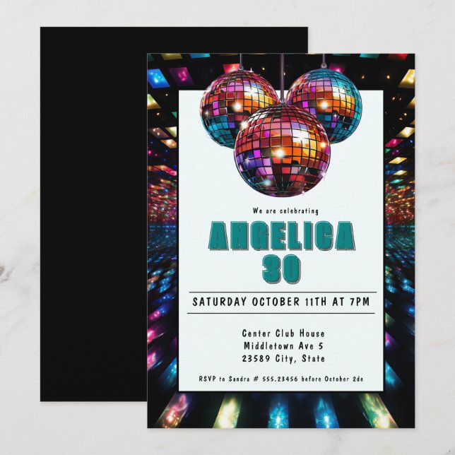 Invitation Disco Anniversaire Noir Turquoise (Devant / Derrière)