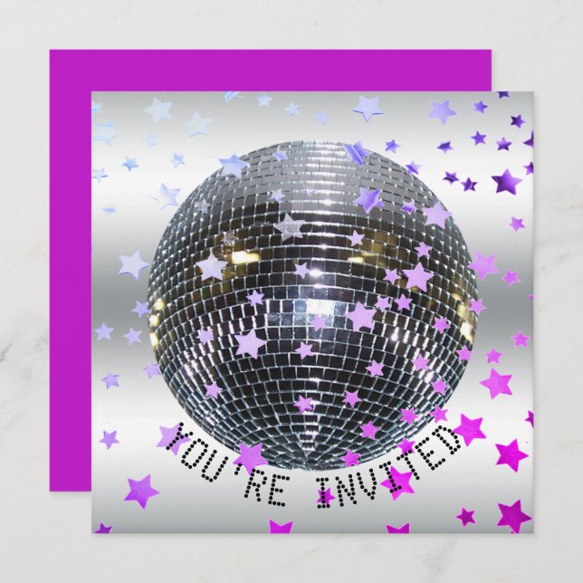 Invitation Disco Anniversaire violet | Retro les années 70 Di (Devant / Derrière)