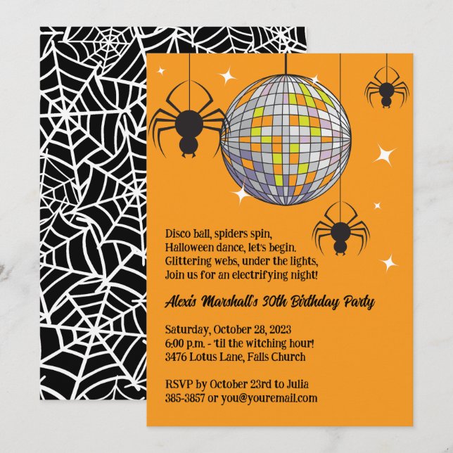 Invitation Disco Araignées Halloween Orange Retro Costume Par (Devant / Derrière)