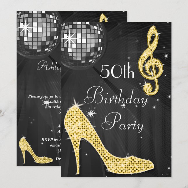 Invitation Disco Ball and Heels Black & Gold 50e anniversaire (Devant / Derrière)