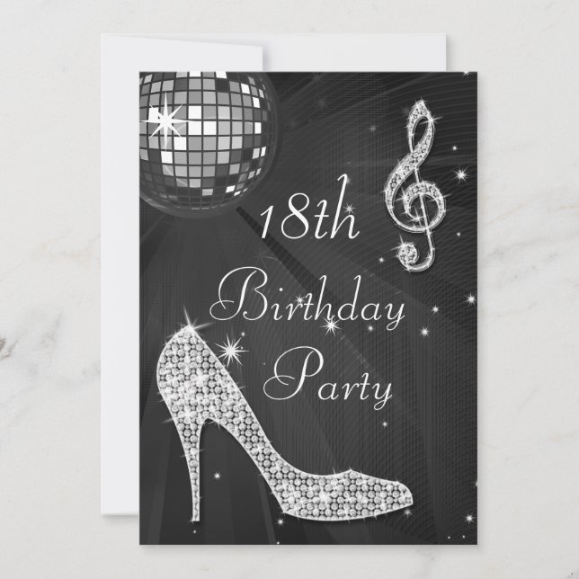 Invitation Disco Ball and Heels Black & Silver 18e anniversai (Devant)