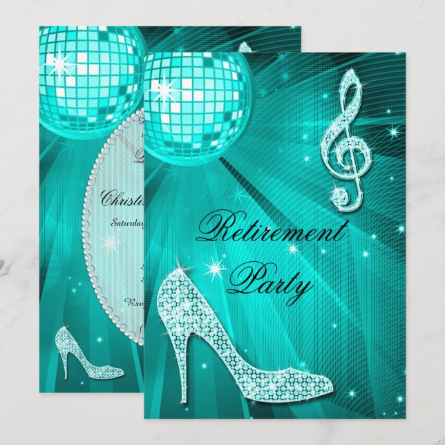 Invitation Disco Ball and Sparkle Heels Retraite Turquoise (Devant / Derrière)