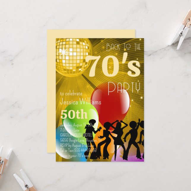 Invitation Disco Ball & Balloons Gold de Retro 70's (Devant/Arrière en situation)