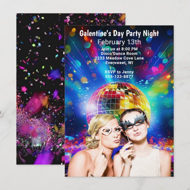 Invitation Disco Ball Galentine's Day Girls Party Nuit (Devant / Derrière)