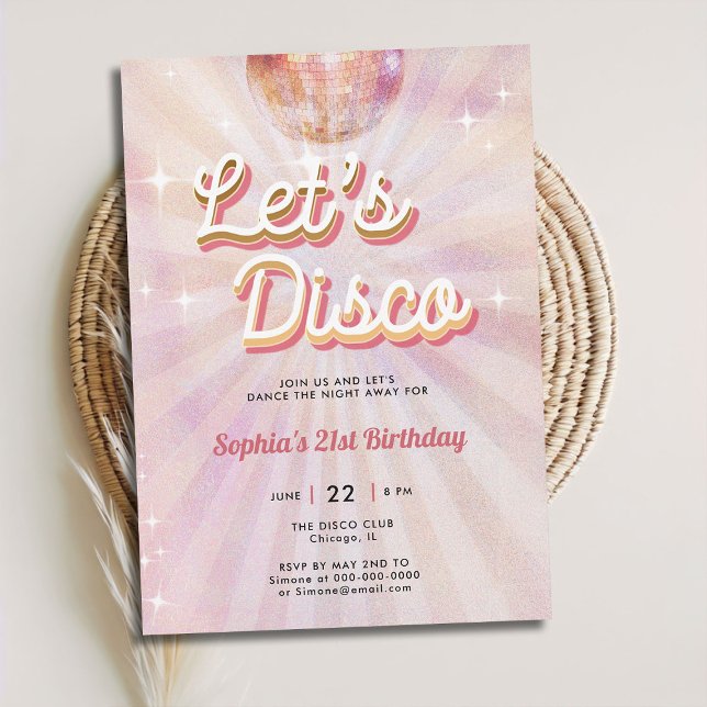 Invitation Disco Ball les années 70 Dance Party Retro 21e ann (lets disco 70s dance party 21st birthday invitation girls blush pink vintage retro sparkle glitter)