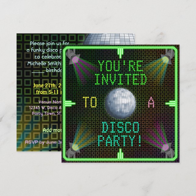 Invitation Disco Ball Party 1970 personnalisable (Devant / Derrière)