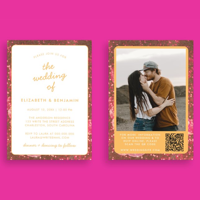 Invitation Disco Ball QR Code Photo Hot Pink Orange Mariage (Front and Back)