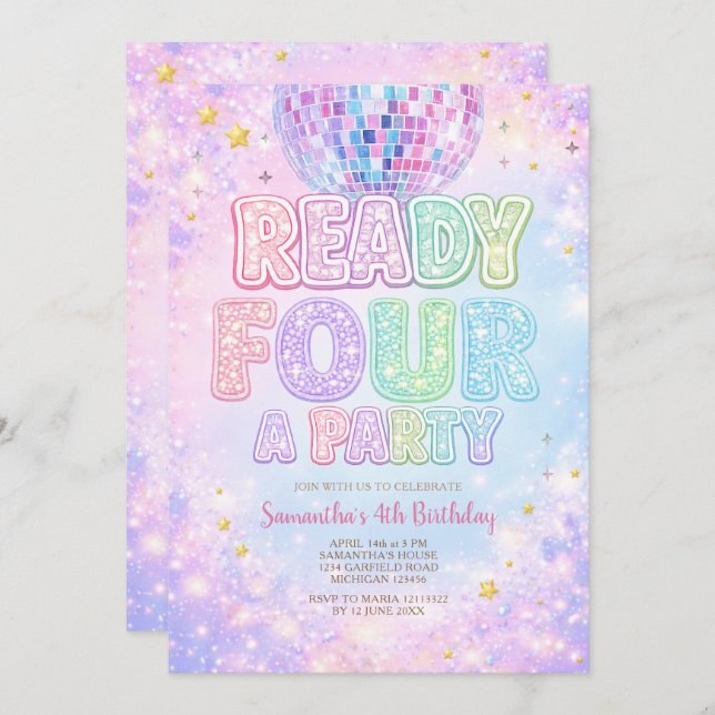 Invitation Disco Ball Ready FOUR a party  Birthday (Devant / Derrière)