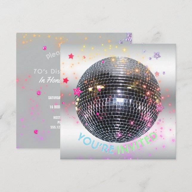 Invitation Disco Dance Anniversaire Retro 70's Disco Ball Par (Devant / Derrière)