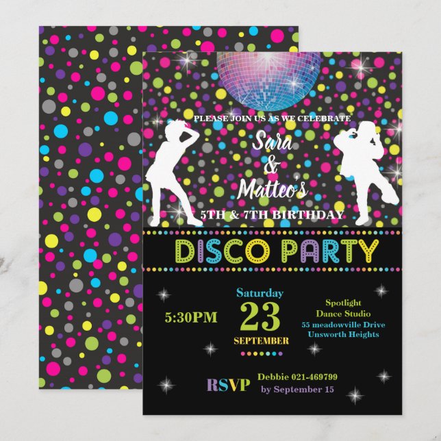 Invitation Disco Dance Jumelles Jumelles Anniversaire Fille G (Devant / Derrière)
