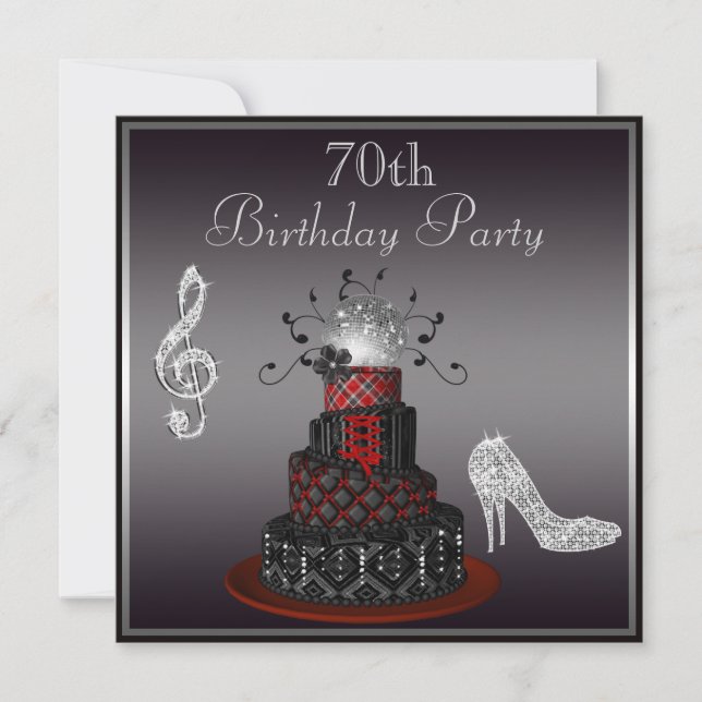 Invitation Disco Diva Cake, Silver Heels 70e anniversaire (Devant)