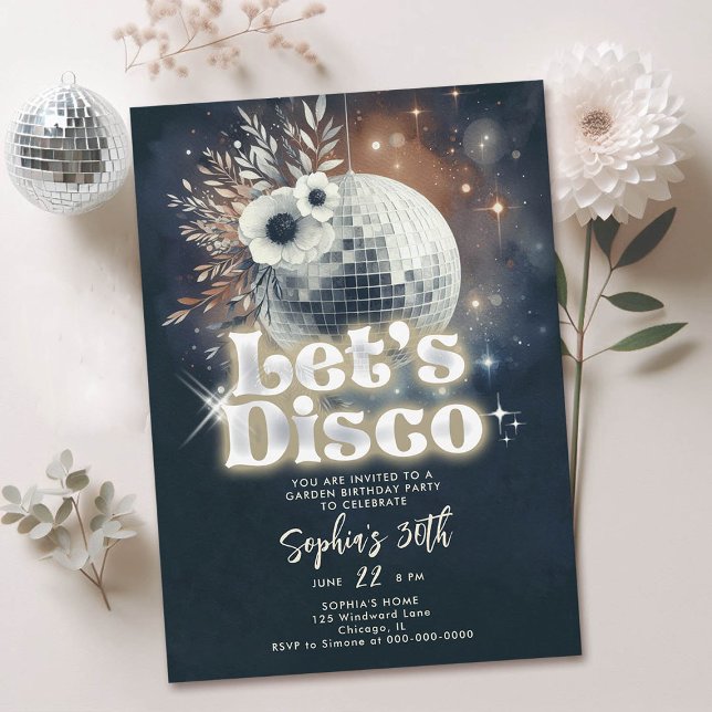 Invitation Disco Garden Party les années 70 Retro Black 30e a (disco garden party 30th birthday invitation groovy 70s ball floral black orange yellow)