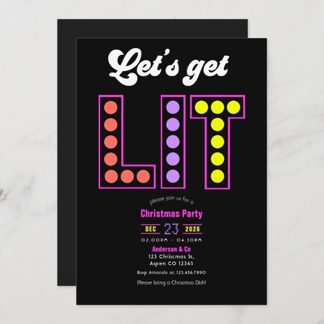 Invitation Disco Garland Let's Get Lit Retro Christmas Party (Devant / Derrière)