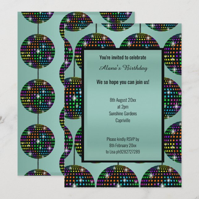 INVITATION DISCO MODERNE THÈME VERT SAGE TOUTE OCCASION (Devant / Derrière)