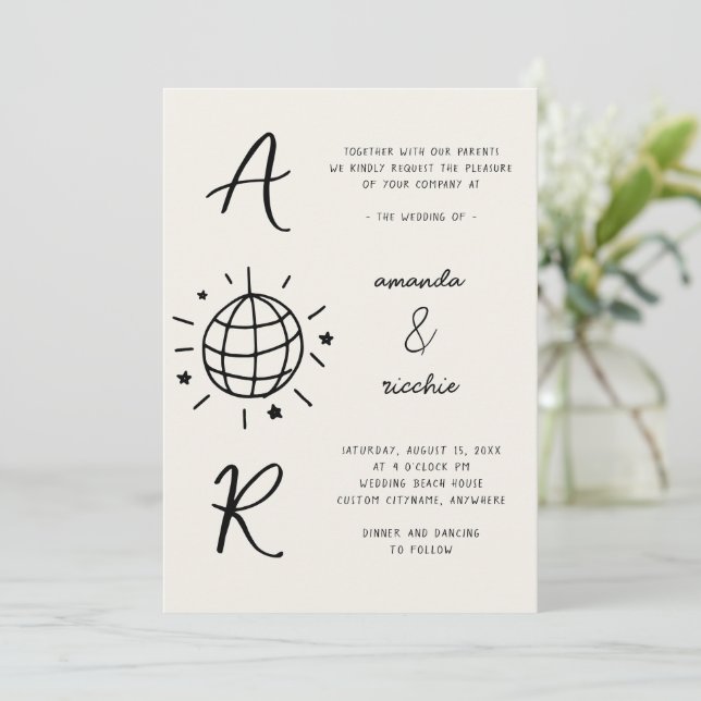 Invitation Disco Monogramme Français Fun Retro Mariage tiré à (Debout devant)