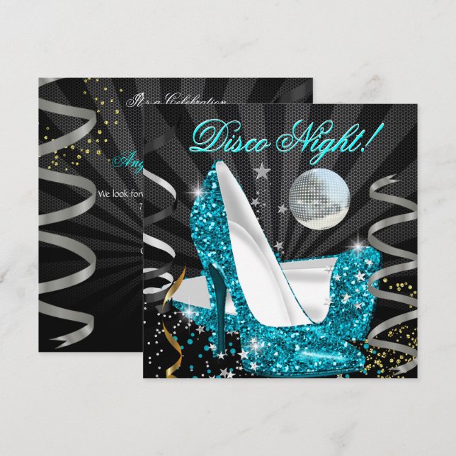 Invitation Disco Nuit Turquoise Gold Black Parties scintillan (Devant / Derrière)