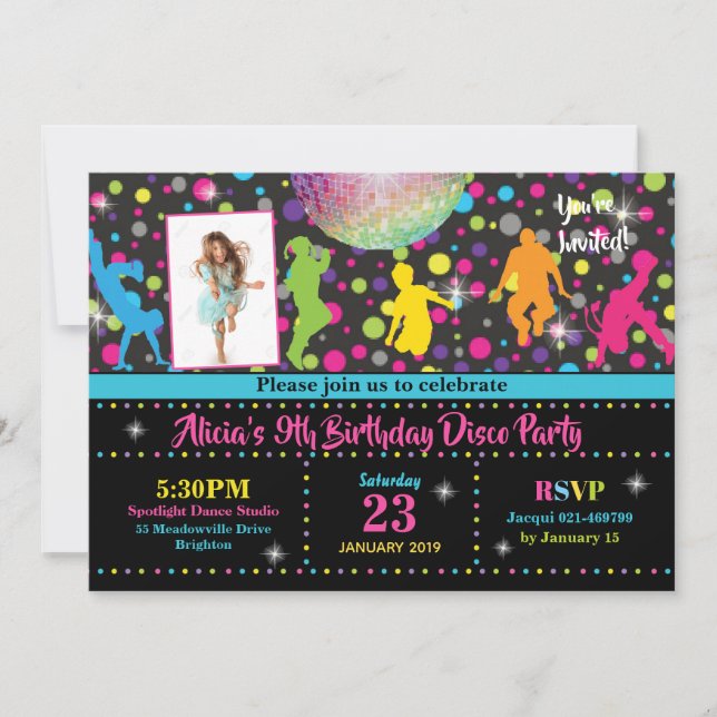 Invitation Disco Party Fille Danse Anniversaire In (Devant)