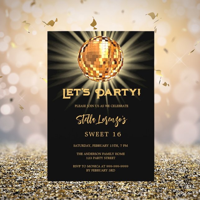 Invitation Disco party or noir Sweet 16 (Créateur téléchargé)
