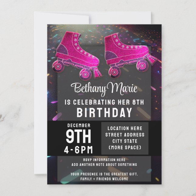 Invitation Disco Rollerskate Birthday Parties scintillant Rol (Devant)