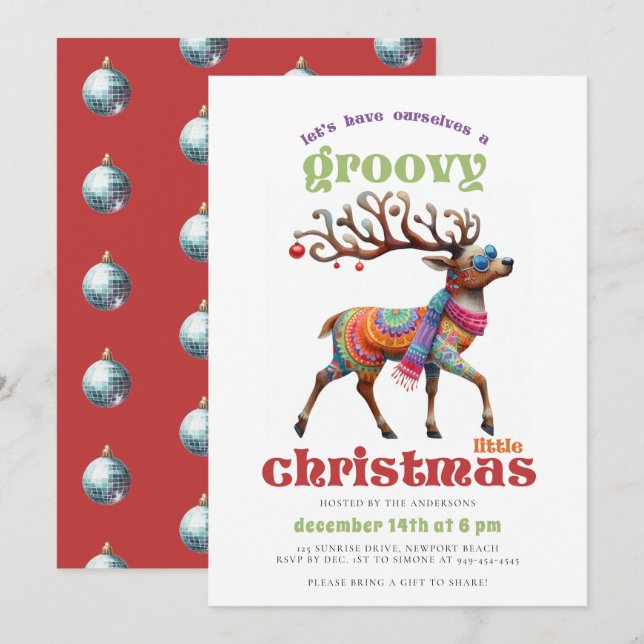 Invitation Disco super Hippie Reindeer Fête de Noël amusante (Devant / Derrière)