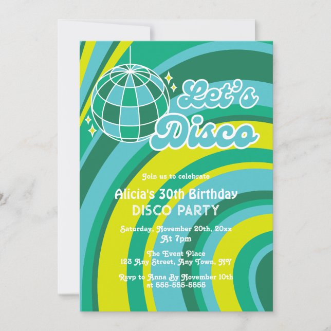 Invitation Disco Super Wave Retro les années 70 Vert Annivers (Devant)