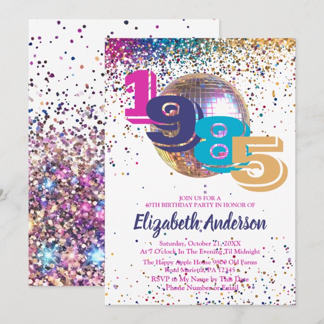 Invitation Discothèque colorée 1985 40e anniversaire fête Per (Devant / Derrière)