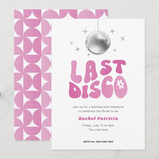 Invitation Discothèque rose, dernière soirée disco bacheloret (Devant / Derrière)