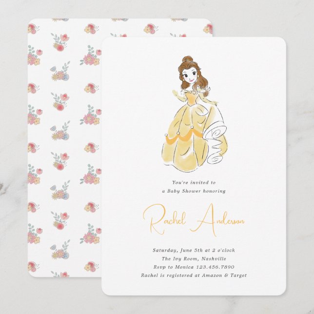 Invitation Disney Princess Belle | Baby shower fille (Devant / Derrière)