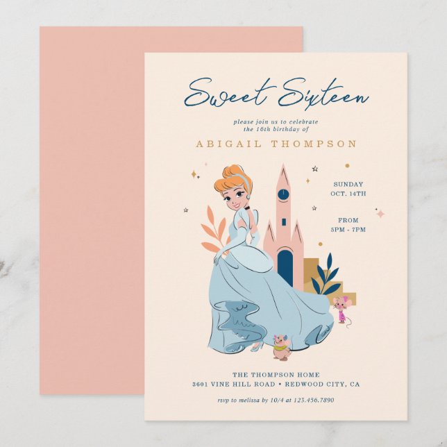Invitation Disney Princess Cinderella | 16e anniversaire (Devant / Derrière)