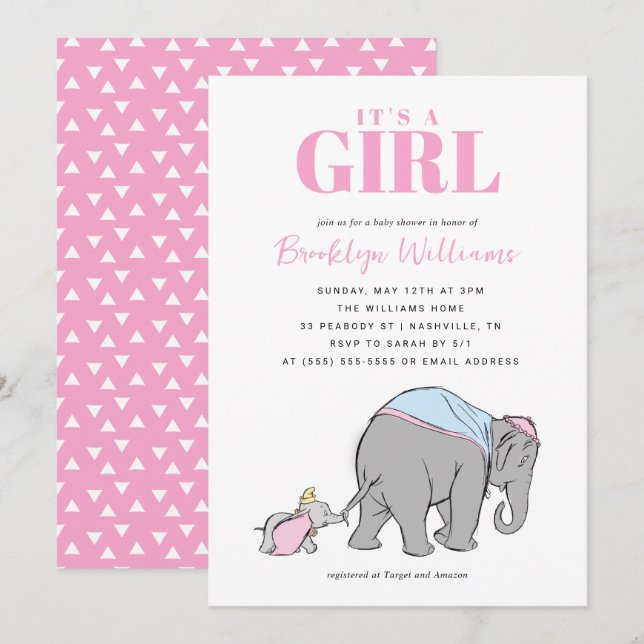 Invitation Disney's Dumbo & Jumbo Girl Baby shower (Devant / Derrière)