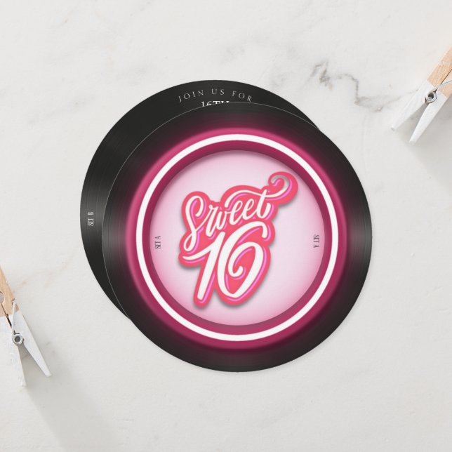 Invitation disque vinyle rose Retro doux 16 anniversaire (Devant/Arrière en situation)