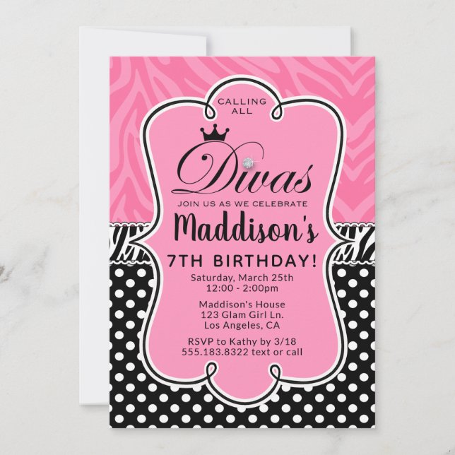 Invitation Diva Zebra Pink and Black Girl's Birthday Party (Devant)