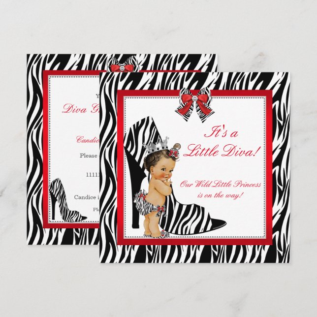 Invitation Diva Zèbre Princesse Fille Baby Shower Brunette (Devant / Derrière)