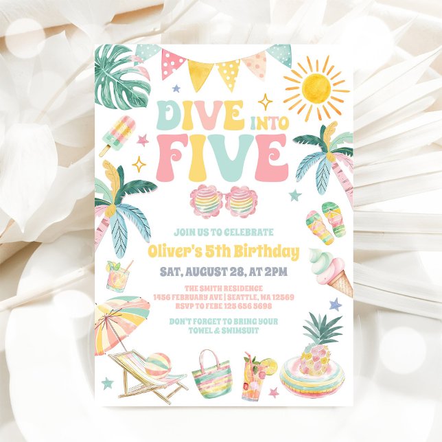 Invitation Dive Into Five Beach Party Summer 5th Birthday  (Créateur téléchargé)