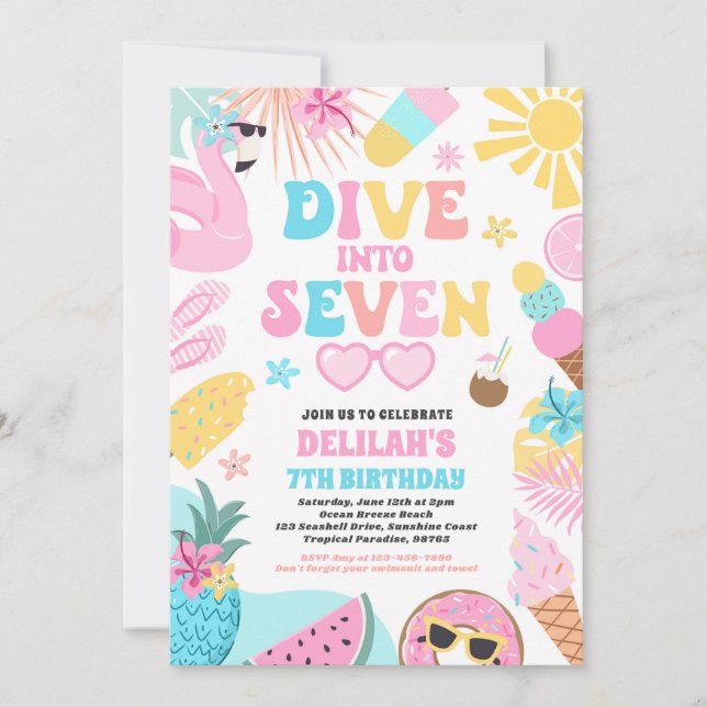Invitation Dive Into Seven Tropical Beach 7th Birthday Party (Devant)