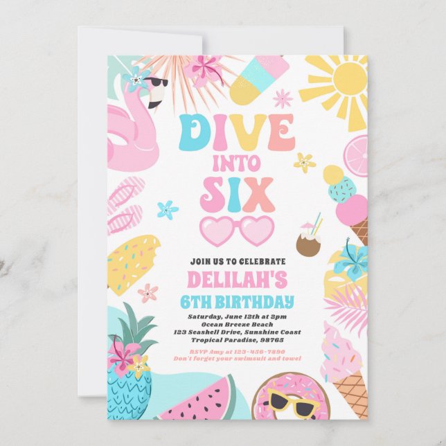 Invitation Dive Into Six Tropical Beach 6th Birthday Party (Devant)