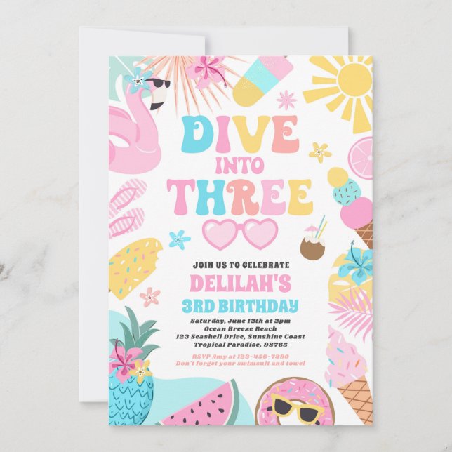 Invitation Dive Into Three Tropical Beach 3rd Birthday Party (Devant)
