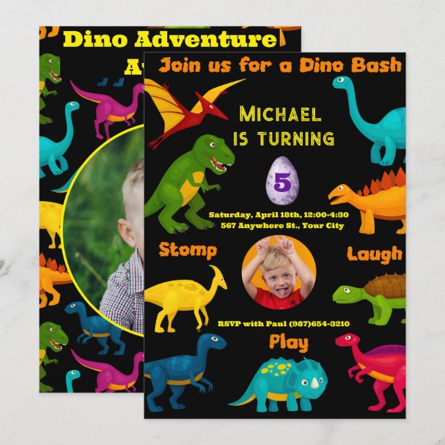 Invitation Diverses espèces de Dinosaures colorés (Devant / Derrière)