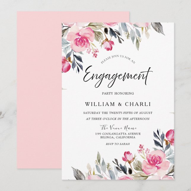Invitation Divine Aquarelle Blush Fleur Partie d'engagement (Devant / Derrière)