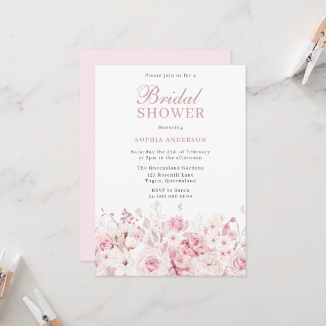 Invitation Divine Blush Fête des mariées Rose Aquarelle (Devant/Arrière en situation)