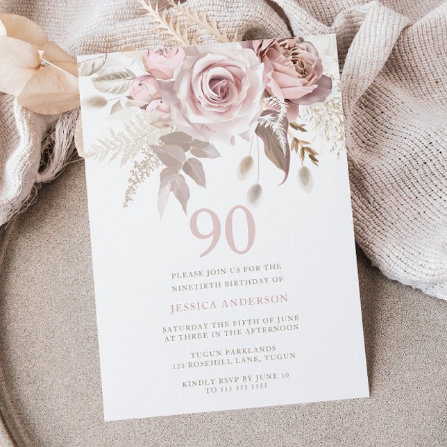 Invitation Divine Blush Rose Roses 90e fête d'anniversaire (Créateur téléchargé)