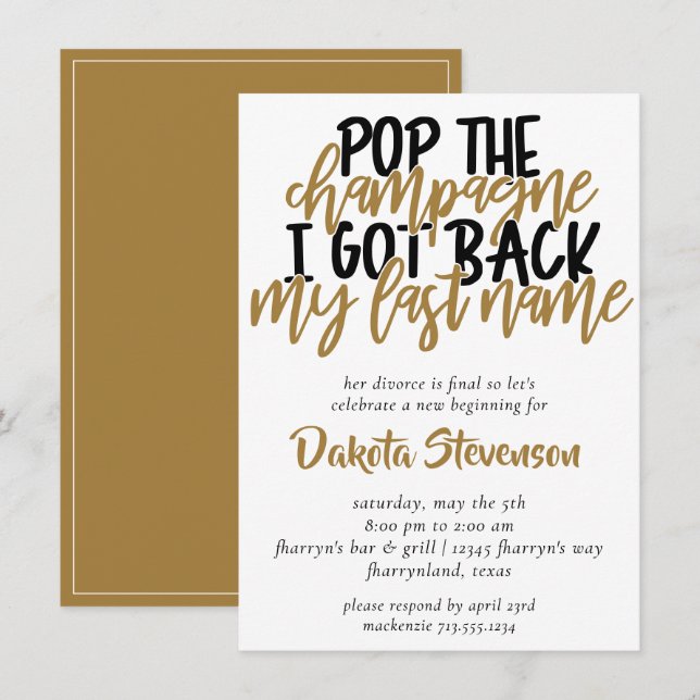 Invitation Divorce | Black and Gold Pop the Champagne (Devant / Derrière)