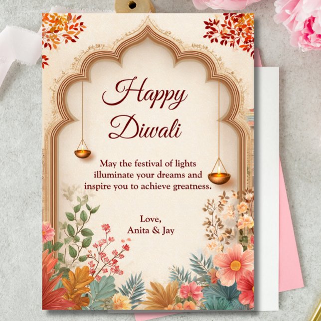 Invitation Diwali Beige Floral Arch Lamp Diyas Salutation (Créateur téléchargé)
