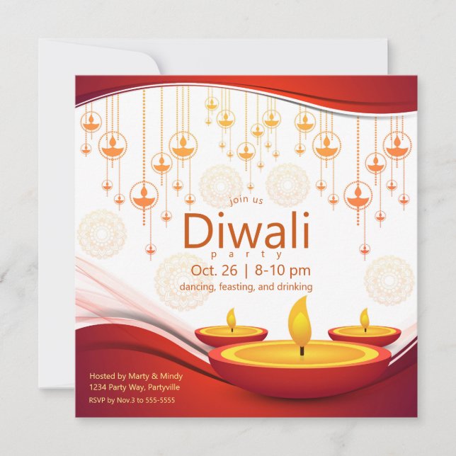 Invitation Diwali contemporain accroche les diyas (Devant)