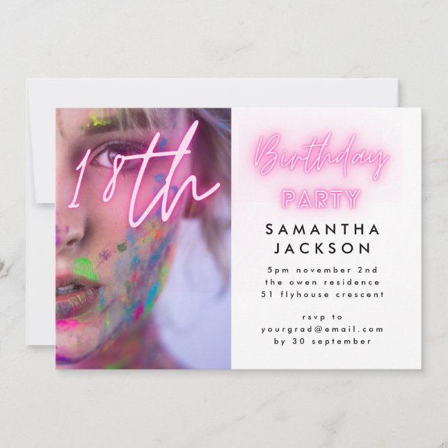 Invitation Dix-huit | 18e fête d'anniversaire de Pink Neon (Devant)