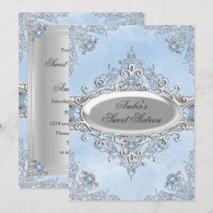 Invitation Dix-Seize Élégant Argent Damassé & Bijou Bleu
