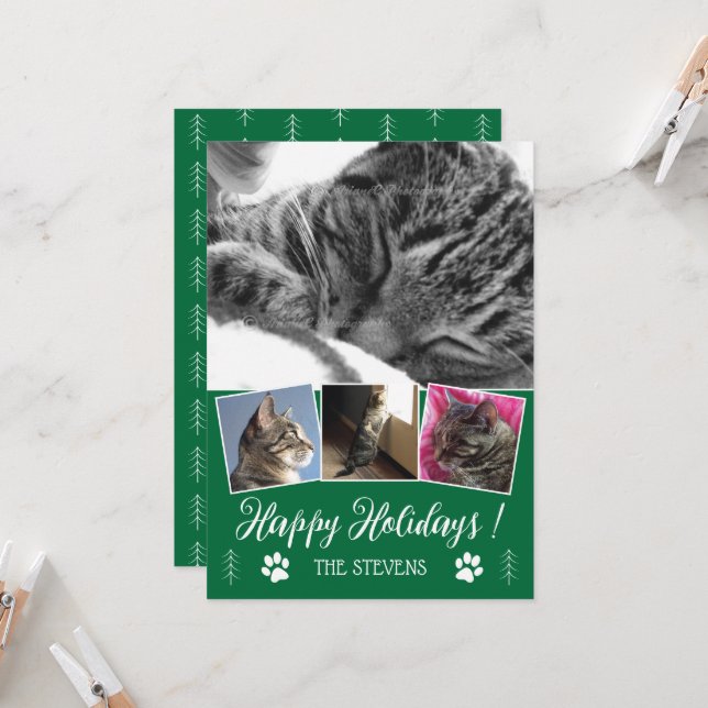 Invitation do-it-yourself Cat Photo Collage Green Holiday Fla (Devant/Arrière en situation)