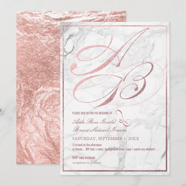 Invitation DO-IT-YOURSELF Couleur, Monogrammes, Faux Rose Gol (Devant / Derrière)
