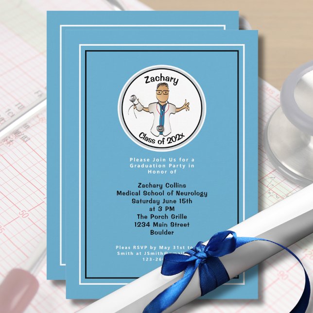 Invitation Docteur Cartoon Médicale pour lui Bleu Graduation (Créateur téléchargé)